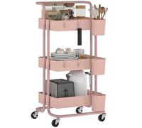 HOMCOM Carrito Auxiliar con Ruedas de 3 Niveles Carrito de Cocina con Mango 3 Cestas de Malla y 3 Cajas Colgantes Carro de Almacenamiento para Baño Salón 42x38x86,5 cm Rosa
