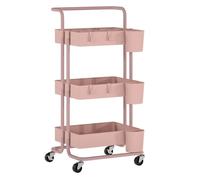 Homcom carrito auxiliar con ruedas de 3 niveles carrito de cocina con mango 3 cestas de malla y 3 cajas colgantes carro de almacenamiento para baño salón 42x38x86,5 cm rosa