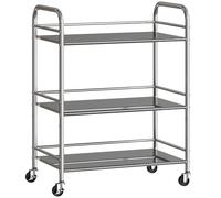 HOMCOM Carrito Auxiliar con Ruedas de Acero Inoxidable Carro de Servicio de 3 Niveles con Estante Ajustable 60x35x77 cm Plata