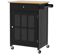 HOMCOM Carrito Cocina rodante cajón Armario Puerta Vidrio Negro | Isla de cocina, sobre ruedas, estante ajustable, toallero