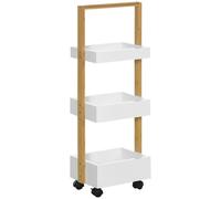 HOMCOM Carrito de Baño con Ruedas y 3 Cestas Carrito Auxiliar Multifuncional de Madera de Bambú 28x18x75 cm Blanco Aosom España