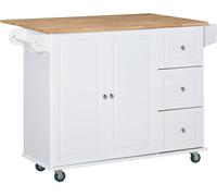 HOMCOM Isla de Cocina con Ruedas Carrito de Servicio con Encimera Extensible Cajones Barra y Especiero 128,8x75,5x92,5 cm Blanco Aosom España