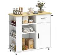 HOMCOM Carrito de cocina con 5 ruedas, isla de cocina con puertas Soft-Close, cajón, toallero, 3 especieros, 3 estantes abiertos y estante ajustable, multiusos, ahorra espacio, 96,5 x 38 x 87 cm
