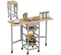 HOMCOM Carrito de Cocina con Alas Plegable, Carrito Auxiliar con Ruedas, Verdulero con Cajón y 3 Cesta de Metal, 97,2x37x77,5 cm, Gris y Roble