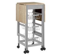 HOMCOM Carrito de Cocina con Alas Plegable, Carrito Auxiliar con Ruedas, Verdulero con Cajón y 3 Cesta de Metal, 97,2x37x77,5 cm, Gris y Roble