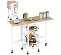 HOMCOM Carrito de Cocina con Alas Plegable, Carrito Auxiliar con Ruedas, Verdulero con Cajón y 3 Cesta de Metal, 97,2x37x77,5 cm, Blanco y Roble