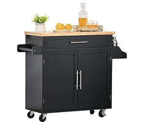 HOMCOM Carrito de Cocina con Armario con Puertas y Estante Interior Ajustable Cajón Barra y Especiero Móvil Aparador Auxiliar con Ruedas para Comedor 109x40x89 cm Negro