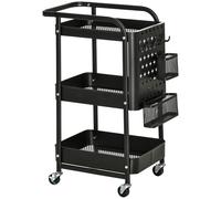 HOMCOM Carrito de Cocina de Acero con Ruedas Carro de Almacenamiento de 3 Niveles 4 Ganchos Marco de Acero 2 Cestas Colgantes y Asa para Baño Salón Dormitorio 51,5x32x75,6 cmNegro