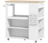 HOMCOM Carrito de Cocina con Ruedas Isla de Cocina Tablero de Madera de Caucho 4 estantes ajustables portacuchillos Blanco Aosom España