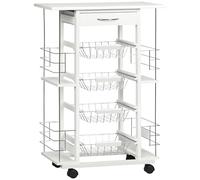 HOMCOM Carrito de Cocina con Ruedas y Encimera Baldosada Carrito Verdulero con Cajón, 4 Cestas Metálicas y 4 Porta Especias Laterales para Comedor 57x37x83 cm Blanco