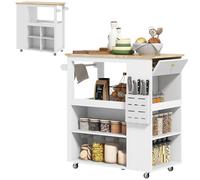 HOMCOM Carrito de cocina con ruedas y estantes ajustables, isla de cocina con superficie de trabajo de madera de caucho, portacuchillos y toallero, para cocina y salón, 86,5 x 47 x 88 cm, blanco