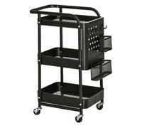 HOMCOM Carrito de Cocina de Acero con Ruedas Carro de Almacenamiento de 3 Niveles 4 Ganchos Marco de Acero 2 Cestas Colgantes y Asa para Baño Salón Dormitorio 51,5x32x75,6 cmNegro