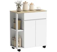 HOMCOM Carrito de Cocina, Isla de Cocina con cajón, Armario, 2 estantes Laterales y estantes Ajustables, Carrito Multiusos de Madera, 78 x 39,5 x 88,5 cm, Blanco y Roble