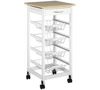 HOMCOM Carrito de servicio con ruedas y múltiples compartimentos 4 cestas metálicas + cajón madera de pino 37x37x82 cm Blanco Aosom España