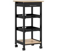 HOMCOM Carrito de servicio desfiladero de cocina con ruedas 2 bandejas extraíbles cajón estante Roble claro madera de pino Negro Aosom España