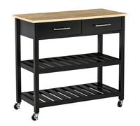 HOMCOM Carrito de servicio para cocina con ruedas 2 estantes 2 cajones Negro Madera Natural Aosom España