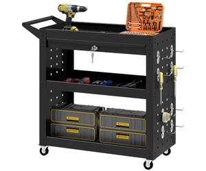 HOMCOM Carro 3 estantes con Panel Perforado, cajón, Ruedas Freno, Negro | Carro de almacenaje con ruedas, para garaje, taller, almacén