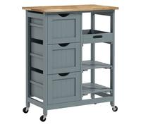 HOMCOM Carro de Cocina, Carrito Auxiliar con Ruedas, Tablero de Madera, 3 Cajones, 2 Estantes Abiertos y Bandeja Extraíble, para Comedor Salón, 67x37x85,5 cm, Gris