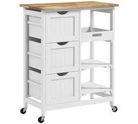HOMCOM Carro de Cocina Carrito Auxiliar con Ruedas Tablero de Madera 3 Cajones 2 Estantes Abiertos y Bandeja Extraíble para Comedor Salón 67x37x85,5 cm Blanco