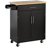 HOMCOM Carro de Cocina con Cajón y Armario 2 Puertas, Isla de Cocina con Ruedas y Barra Lateral para Toallas, 83x45x91.5cm, Negro