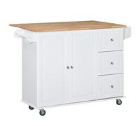 HOMCOM Carro de Cocina con Ruedas 3 Cajones, 2 Puertas y Especiero Blanco | Isla de Cocina, estante ajustable, barra de colgar, 128,8x75,5x92,5 cm