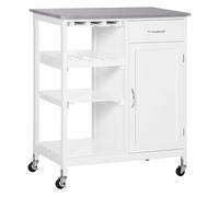 HOMCOM Carro de Cocina con Ruedas Carrito de Servicio con 1 Cajón Estantes Extraíbles Botellero para 4 Botellas y Armario para Comedor Salón Carga 40 kg 76x48x88 cm, Madera de ingeniería, Blanco