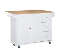 HOMCOM Isla de Cocina con Ruedas Carrito de Servicio con Encimera Extensible Cajones Barra y Especiero 128,8x75,5x92,5 cm Blanco Aosom España