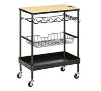 HOMCOM Carro de Cocina con Ruedas Carrito de Servicio Multiuso con Botellero Cesta Extraíble Bandeja y 4 Ganchos para Comedor Salón 60,5x35,5x75 cm Negro y Roble