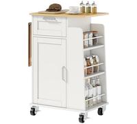 HOMCOM Carro de Cocina con Ruedas, Isla de Cocina con Puertas de Cierre Suave, cajón, toallero, 3 especieros y estantes Ajustables, Carro de Almacenamiento de Madera Multiusos, 62x40x87cm, Blanco