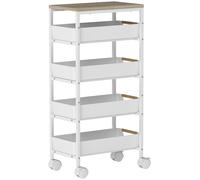 HOMCOM Carro de Cocina de 5 Niveles Carrito Auxiliar con Ruedas Tablero Efecto Madera Cajones Extraíbles 39,5x24x82 cm Blanco