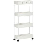 HOMCOM Carrito Auxiliar con Ruedas Carrito de Almacenamiento con 4 Cestas y 4 Ganchos Extraíbles para Cocina Baño Salón 40x19x90 cm Blanco