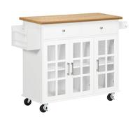 HOMCOM Carro de Cocina Isla de Cocina con Ruedas Multifuncional con 2 Cajones 3 Puertas de Vidrio Templado Toallero y Especiero 124,5x39,5x90 cm Blanco