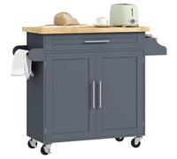 HOMCOM Carro de Cocina Multiusos con Cajón, Ruedas, Especiero y Armario, Armario de Cocina con Estante Ajustable, Toallero y Encimera de Madera de Caucho, 109x40x89 cm, Gris