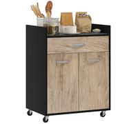 HOMCOM Carro de cocina para microondas con cajón y armario, isla de cocina de madera con 4 ruedas y estante ajustable, 60x40x77 cm, negro y gris