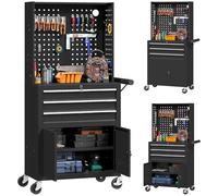 HOMCOM Carro de Herramientas con 3 Cajones y Pegboard, Carro de Taller con Cerradura de Llave, Estante Regulable, 2 Ruedas con Freno, Negro