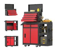 HOMCOM Carro de Herramientas con 5 Cajones 3 en 1 Cerradura Negro y Rojo | Caja de Taller Metálica, Soporte Lateral, Armario Inferior, Paneles Perforados, Asa, 2 Ruedas con Freno de Bloqueo