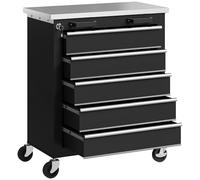 HOMCOM Carro de Herramientas con 5 Cajones y Cerradura, Carro de Taller con Ruedas con Freno, Encimera de Acero Inoxidable, Caja de Herramientas con Conectores Laterales para Garaje, Negro y Plata