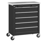 HOMCOM Carro de Herramientas con 5 Cajones y Cerradura, Carro de Taller con Ruedas con Freno y Encimera de Acero Inoxidable, Caja de Herramientas con Conectores Laterales, para Garaje, Negro y Plata