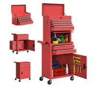 Homcom carro de herramientas con 6 cajones y cerraduras, 3 en 1, carro de taller móvil con ruedas y panel lateral perforado, caja de herramientas desmontable de acero, para taller, garaje, rojo