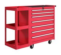 HOMCOM Carro de Herramientas con 7 Cajones, Carro de Taller con Estantería de 3 Niveles Desmontable, Sistema de Cierre Central, Asa, 2 Ruedas con Freno de Bloqueo, Rojo