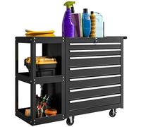 HOMCOM Carro de Herramientas con 7 Cajones, Carro de Taller con Estantería de 3 Niveles Desmontable, Sistema de Cierre Central, Asa, 2 Ruedas con Freno de Bloqueo, Negro