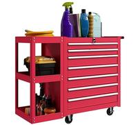 HOMCOM Carro de Herramientas con 7 Cajones, Carro de Taller con Estantería de 3 Niveles Desmontable, Sistema de Cierre Central, Asa, 2 Ruedas con Freno de Bloqueo, Rojo