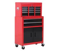 Homcom carro de herramientas con baúl superior, 2 en 1, carro de taller con 6 cajones, armario, cerradura, 4 ganchos, 2 ruedas con freno de bloqueo, para garaje, hogar, rojo