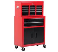 HOMCOM Carro de Herramientas con Baúl Superior 2 en 1 Carro de Taller Rojo | 6 Cajones, Armario con Cerradura, 4 Ganchos, 2 Ruedas con Freno de Bloqueo, para Garaje, Hogar