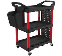 HOMCOM Carro de Herramientas de 3 Niveles con Paneles Perforados Asa Lateral Ganchos Cubeta Negro y Rojo