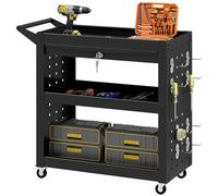 HOMCOM Carro de herramientas vacío, carro de taller con 3 niveles, placas perforadas y cajón con cerradura, carro con frenos, soporta hasta máx. 90 kg, para herramientas, garajes, talleres, color