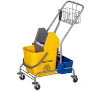 HOMCOM Carro de Limpieza Carro de Servicio con Cubos de Fregona de 25L Escurridor Cubeta y Estantes para Hotel Oficina 72x49,5x95 cm Amarillo