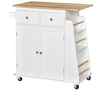 HOMCOM Carro de Madera Auxiliar con Ruedas Carrito de Servicio con 2 Cajones de Regulable y Barra para Colgar 89x45x89,5 cm Blanco
