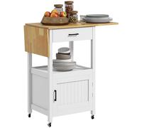 HOMCOM Carro de servicio de cocina con ruedas, mueble de almacenamiento con bandeja plegable cajón estante y armario con 2 puertas de madera dim. 59,5 x 45,5 x 89 cm, color blanco