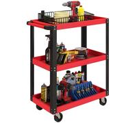HOMCOM Carro de Taller, Carro de Herramientas con 3 Estantes, Ruedas con Frenos y Asa Lateral, para Garaje Mecánico, Hogar, Carga 120 kg, Rojo